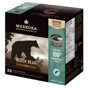 100% Compostable coffee pods. Black Bear Dark Roast Coffee. 