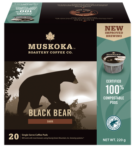 100% Compostable coffee pods. Black Bear Dark Roast Coffee. 