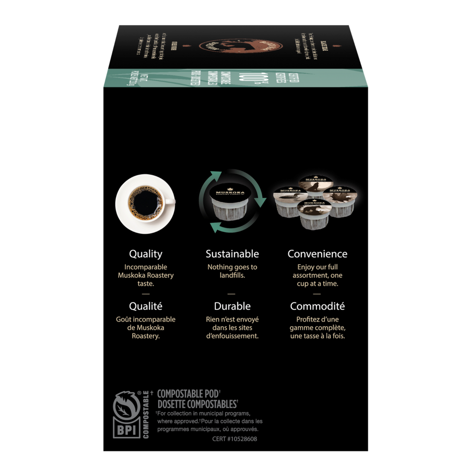 Load image into Gallery viewer, Box of coffee pods with sustainability features highlighted on a white background