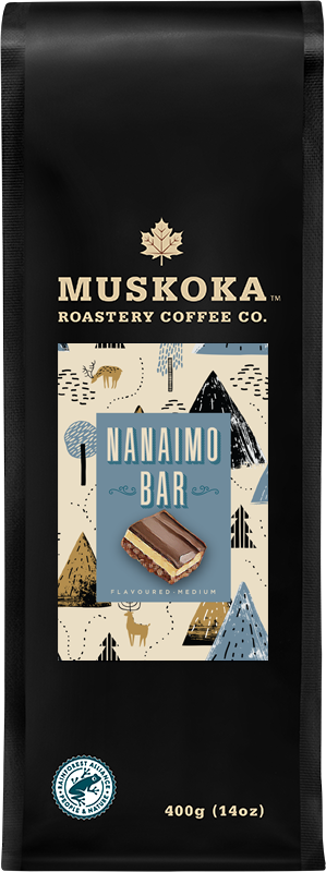 Nanaimo Bar Coffee. Flavoured Coffee. All Natural Flavour. Canada's Best Coffee. Whole Bean + Ground Coffee. Canadian Flavour. 