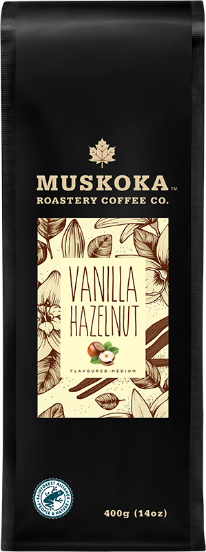 Load image into Gallery viewer, Vanilla Hazelnut Coffee. Canada&#39;s best coffee. Canadian coffee. All Natural Flavour. Whole Bean + Ground coffee. 
