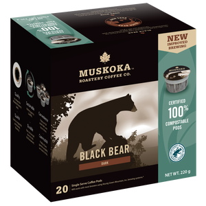 100% Compostable coffee pods. Black Bear Dark Roast Coffee. 