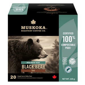 Muskoka Roastery Coffee Co. packaging with a bear illustration on a white background