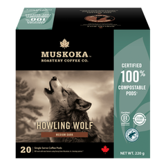Muskoka Roastery Coffee Co. Howling Wolf coffee pod box on a white background