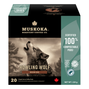 Muskoka Roastery Coffee Co. Howling Wolf coffee pod box on a white background