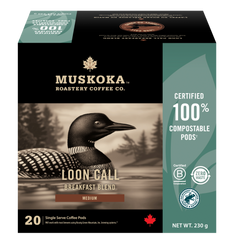 Muskoka Roastery Coffee Co. packaging with a loon illustration on a white background