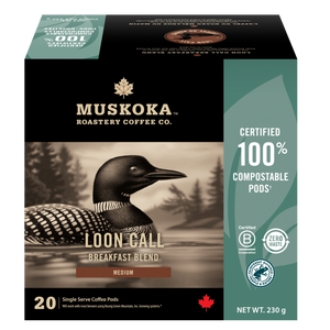 Muskoka Roastery Coffee Co. packaging with a loon illustration on a white background