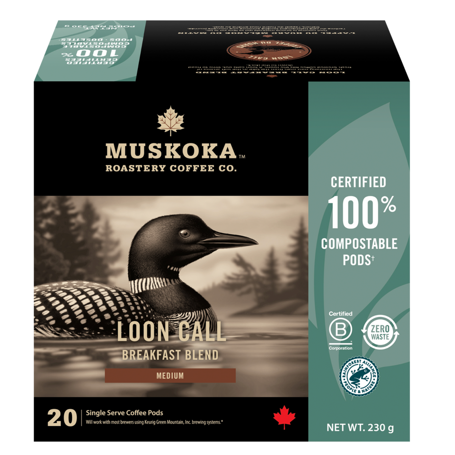 Charger l&#39;image dans la galerie, Muskoka Roastery Coffee Co. packaging with a loon illustration on a white background