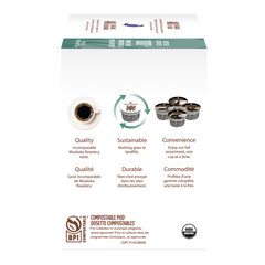 Coffee pod packaging with sustainability features on a white background