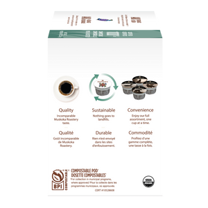 Coffee pod packaging with sustainability features on a white background