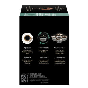 Box of coffee pods with sustainability features highlighted on a white background