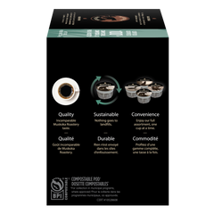 Box of coffee pods with sustainability features highlighted on a white background