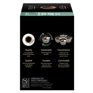 Box of coffee pods with sustainability features highlighted on a white background