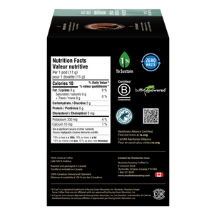 Nutrition facts label on a black box with green accents